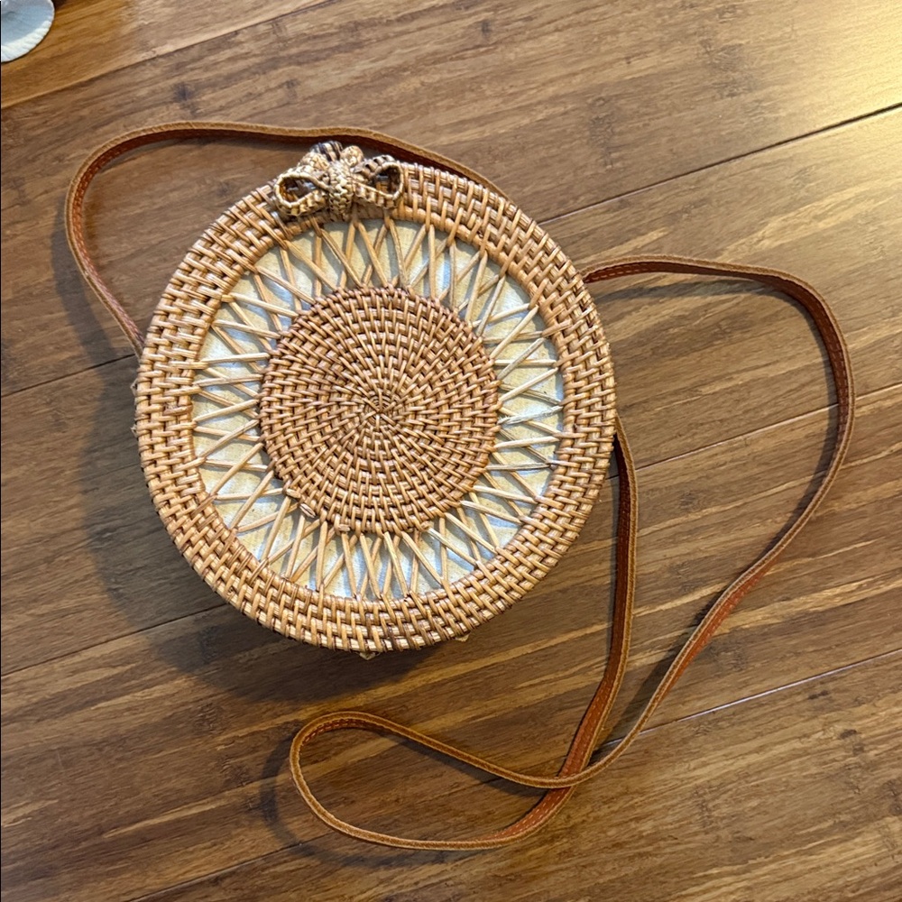 Round Woven Tan Crossbody Bag